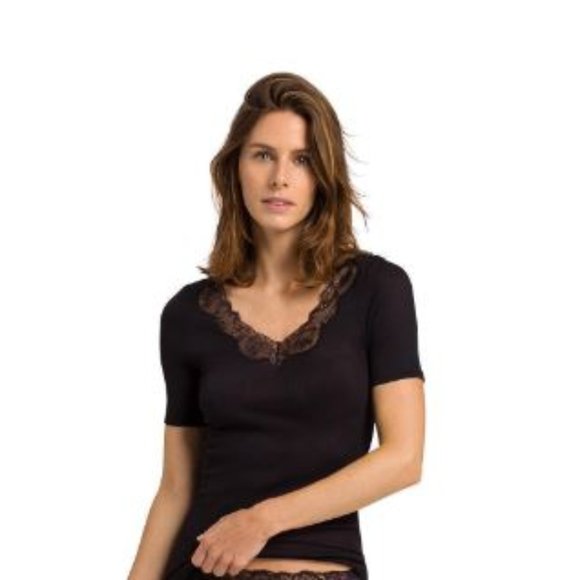 Vintage Rare Hanro Lace Delight Square-Neck Black T-Shirt Size S - Picture 1 of 7